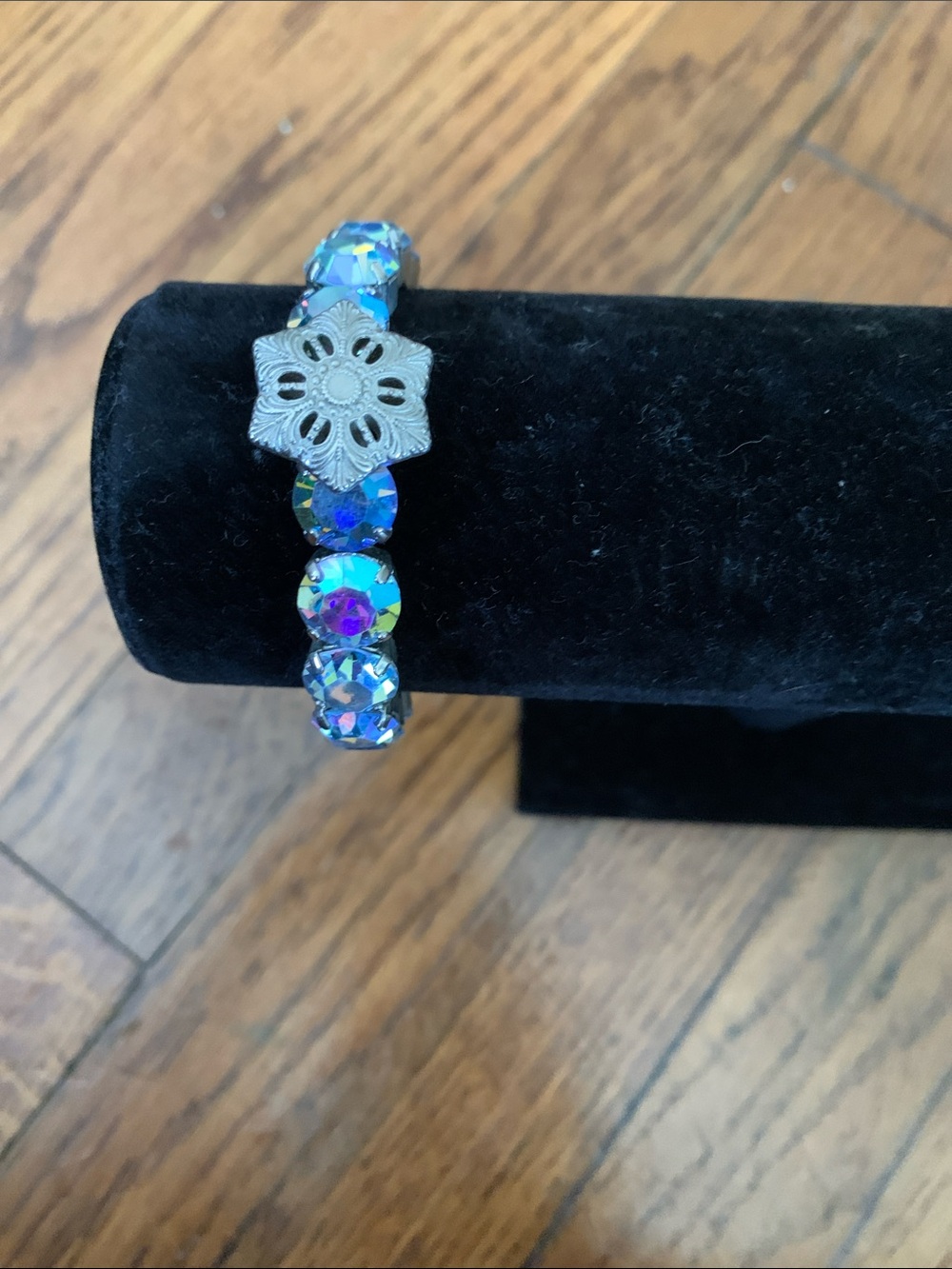 Aurora Blue Crystal Stretch Bracelet with Silver Flower Accent